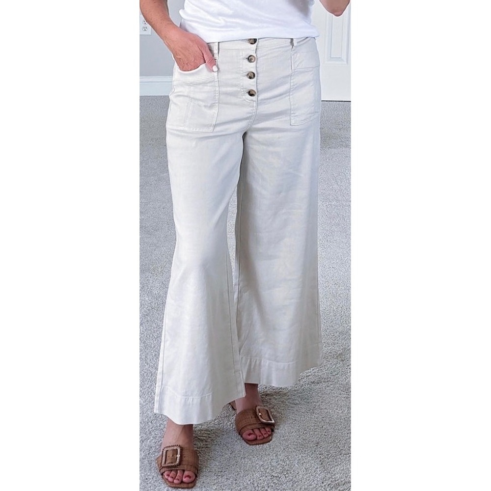Evereve Joelle Linen Blend Wide Leg Button Fly Pants Oatmeal Beige Size 28